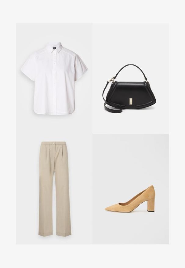 Bela kratka srajca s kratkimi rokavi in gumbom, s koničastim ovratnikom in ukrivljenim robom. Narejena iz bombaža s gladko teksturo in brez vidnih vzorcev.; Svetlo bež hlače s ravnim krojem, elastičnim pasom in enim sprednjim gumbom. Narejene so iz teksturirane tkanine.; Bež sueded visok petni čevlji s koničastim nosom in debelim blok peto. Material ima mehak teksturo z gladko obdelavo.; Črna usnjena torbica s strukturnim dizajnom, ki ima skrajšano obliko, zgornji ročaj in zlate dodatke. Vključena je nastavljiva ramenska naramnica.