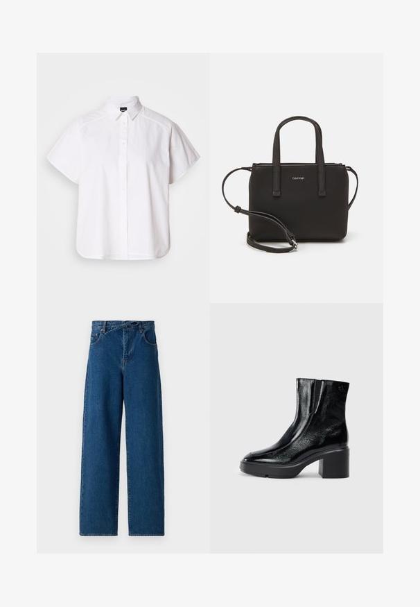 Balta trumpomis rankovėmis marškinėlių su atlenkiamu apykakle ir kreiva apačia. Pagaminta iš medvilnės, su sklandžiu paviršiumi ir be matomų raštų.; Plati kojų džinsai tamsiai mėlynos spalvos. Aukštos juosmens dizainas su diržo kilpomis ir priekinėmis kišenėmis. Lygi tekstūra ir klasikinis penkių kišenių stilius.; Juodi lakiniai auliniai batai iki kulkšnies, su išlenktu pirštu, elastinėmis šoninėmis panelėmis ir masyviu blokuotu kulnu. Apdailoje užpakalinėje dalyje įspaustas logotipas.; Juoda rankinė su dviem trumpais rankenėlėmis ir nuimamu petį. Lygaus odos tipo medžiaga su užtrauktuku ir logotipo detale.