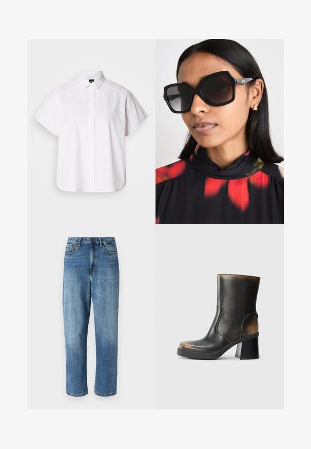 Bílá košile s krátkým rukávem a zapínáním na knoflíky, s špicatým límečkem a zakřiveným spodním lemem. Vyrobena z bavlny, má hladkou texturu a žádné viditelné vzory.; Světlemodré denimové džíny s rovnými nohavicemi, vybavené pěti kapsami, zapínáním na knoflík a zip, a jemným vyblednutím na přední straně.; Černá kožená kotníková bota s lesklým povrchem, zaoblenou špičkou, kontrastními hnědými akcenty, blokovým podpatkem a detailem bočního zipu.; Černé oversized sluneční brýle s geometrickým rámem, tmavě zabarvenými skly a zlatými akcenty, nošené s květinovým topem s vysokým límcem.; Růžový chlupatý svetr s vysokým límcem, světle modré džíny a černé baleríny. Svetřík má volný střih a žebrované manžety. Černá kabelka s popruhem.