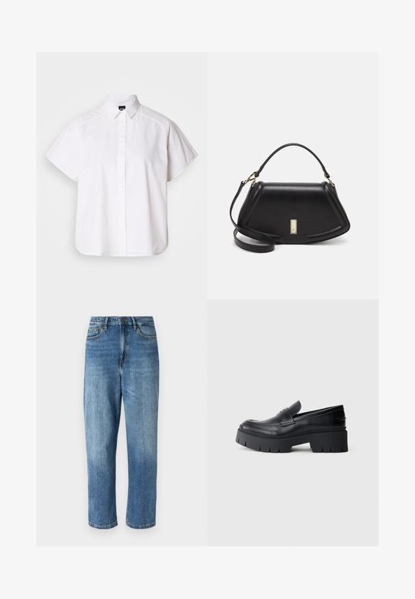 Camicia bianca a maniche corte con colletto a punta e orlo curvo. Realizzata in cotone con una texture liscia e senza motivi visibili.; Jeans in denim azzurro chiaro con design a gamba dritta, dotati di cinque tasche, chiusura con bottone e zip, e un leggero sbiadimento nella parte anteriore.; Mocassino platform nero chunky con tomaia in pelle liscia, fascia decorativa e suola spessa e testurizzata su sfondo bianco.; Borsa a mano in pelle nera con un design strutturato, caratterizzata da una forma corta, manico superiore e accessori in metallo dorato. Inclusa tracolla regolabile.