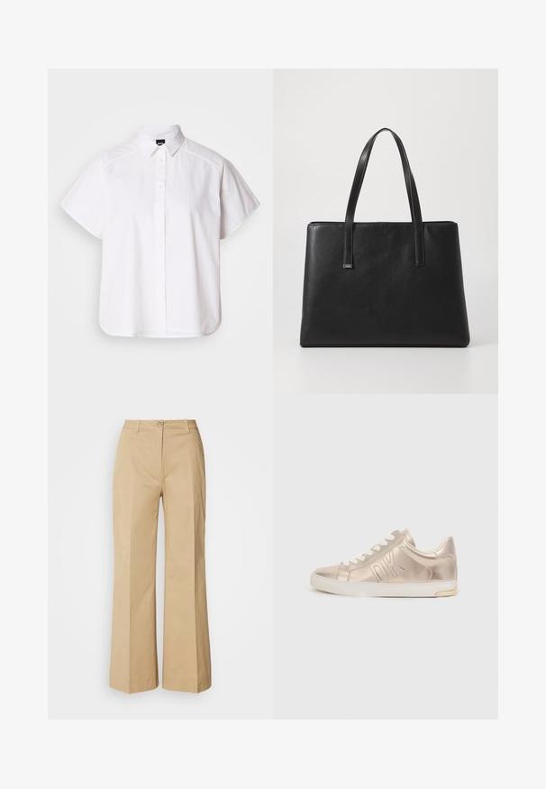 Camisa blanca de manga corta con botones, cuello con puntas y dobladillo curvado. Fabricada en algodón con una textura suave y sin patrones visibles.; Pantalones de pierna ancha color beige, fabricados con una mezcla de algodón. Presentan un cierre de botón, detalles de costura en la parte frontal y un dobladillo limpio con ligera textura.; Zapatilla metálica dorada con cordones blancos, que presenta el logotipo en relieve "DK" en el lateral, puntera redonda y un acabado de cuero texturizado. Suela blanca con acento dorado.; Bolso tote de cuero negro con dos asas largas, forma rectangular, superficie texturizada y diseño minimalista. Sin hardware o acentos visibles.