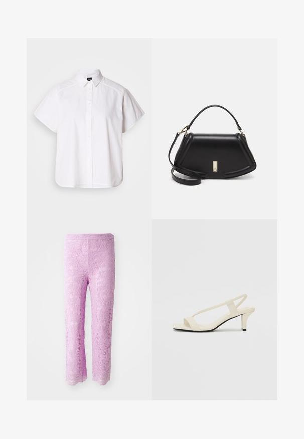 Camisa blanca de manga corta con botones, cuello con puntas y dobladillo curvado. Fabricada en algodón con una textura suave y sin patrones visibles.; Pantalones de encaje rosa con dobladillo en forma de punta, que presentan intrincados patrones florales. El tejido parece ligero y texturizado, diseñado para una silueta ajustada.; Sandalias de tacón cuadrado en color beige con tiras delgadas y punta cuadrada. Material suave con un diseño minimalista, diseñado para facilitar su uso.; Bolso de mano de cuero negro con un diseño estructurado, que presenta una forma recortada, asa superior y acentos en dorado. Correa de hombro ajustable incluida.