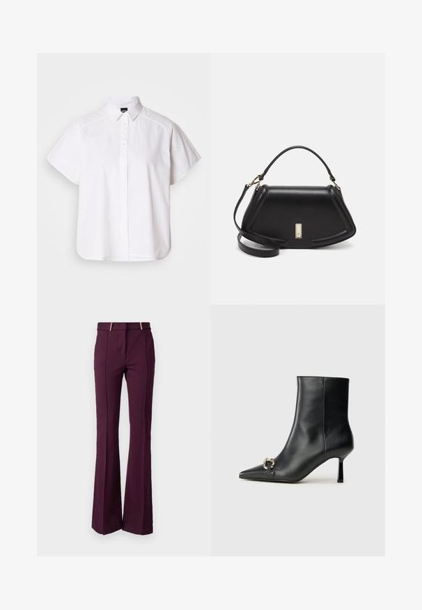 Valge lühikeste varrukatega nööpidega särk, millel on terav krae ja kõver hems. Valmistatud puuvillast, millel on sile tekstuur ja nähtamatud mustrid.; Sügava burgundia värvi kangast laiad püksid, millel on sile tekstuur. Omab keskmise kõrgusega taljet ja ees topelt kuldset riistvara.; Must mustanvärvi nahast pahklinetopp, millel on terav nina, peen keskmise kõrgusega konts ja hõbedane keha detail külgedel, taustal lihtne taust.; Must mustrist käekott, millel on struktureeritud disain, lühendatud kuju, ülemine käepide ja kuldne metallist detail. Reguleeritav õlalihm on kaasas.