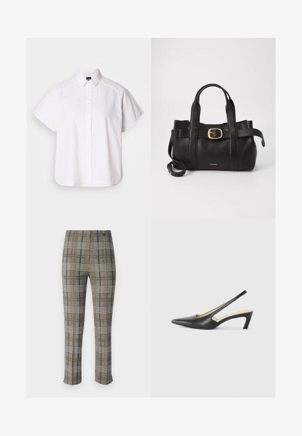 Balta īsajām piedurknēm krekls ar pogām un norādītu apkakli, kā arī viļņotu apakšmalu. Izgatavots no kokvilnas ar gludu tekstūru un bez redzamām rakstām.; Pārbaudītas bikses ar pelēku, melnu un dzeltenu rakstu, piegriezums pielāgots, priekšējā zips aizdare un smalki ikru iegriezumi apakšmalā.; Melna, ar smailu purngalu, slingback kurpe ar zemu papēdi, izgatavota no gludas ādas materiāla un ar izgriezumiem sānos gaisa caurlaidībai.; Melnas ādas rokassoma ar strukturētu dizainu, divām augšējām rokturām, zelta toņa sprādzes akcentu un iegravētu zīmola logo priekšpusē.