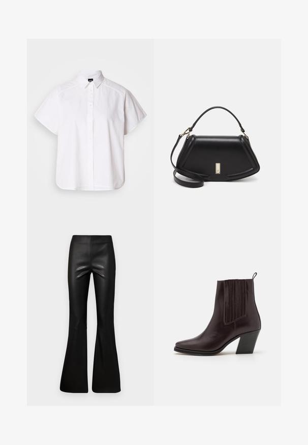 Chemise blanche à manches courtes, à boutons, avec un col pointu et un ourlet arrondi. Fabriquée en coton, elle possède une texture lisse et sans motifs visibles.; Pantalons évasés noirs en matériau lisse et brillant. Design taille haute avec une partie supérieure ajustée, s'élargissant à partir du genou.; Bottine en cuir marron foncé avec un bout pointu, des détails rainurés verticaux sur le côté et un talon carré de hauteur moyenne.; Sac à main en cuir noir avec un design structuré, featuring une forme cropped, une poignée supérieure et des accents en matériel doré. Bandoulière réglable incluse.