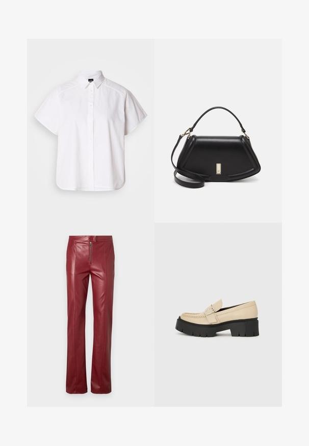 White short-sleeve button-up shirt with a pointed collar and curved hem. Made from cotton with a smooth texture and no visible patterns.; Red leather pants with a slim fit, featuring a front zip closure and smooth texture. The design includes subtle seam detailing along the legs.; Beige leather loafers with black chunky sole, featuring a decorative buckle and stitching detail on the front. Side view.; Black leather handbag with a structured design, featuring a cropped shape, top handle, and gold hardware accent. Adjustable shoulder strap included.