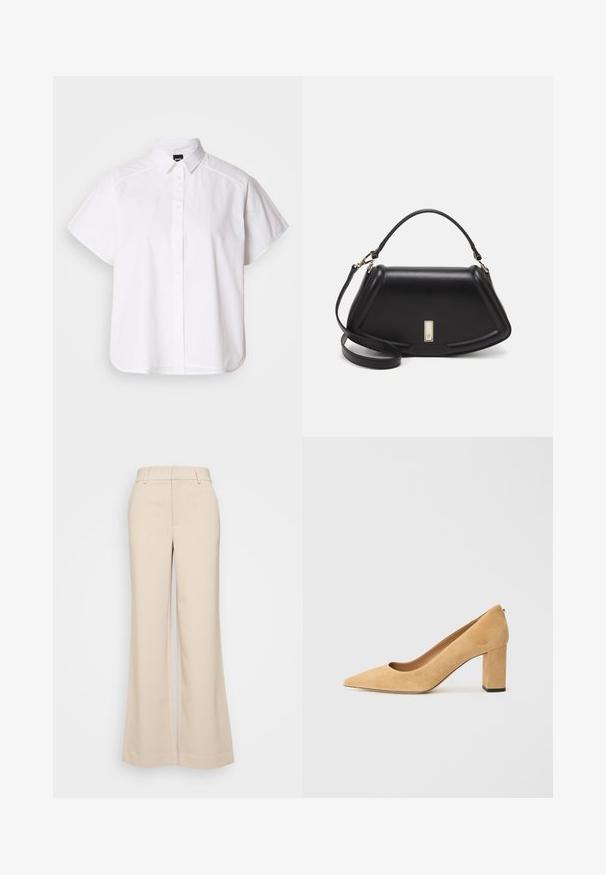 Hvid kortærmet skjorte med knaplukning, spidse kraver og buet nederste kant. Lavet af bomuld med en glat struktur og uden synlige mønstre.; Beige vidde bukser med en glat overflade, der har en høj talje og to forlommer. Renset design med en skræddersyet pasform.; Beige ruskind højhælede pumper med spidse tæer og en kraftig blokhæl. Materialet har en blød tekstur med en glat overflade.; Sort læderhåndtaske med en struktureret design, der har en kortet form, tophåndtag og guld hardware-accenter. Justerbar skulderrem inkluderet.