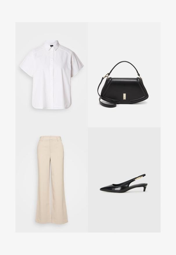 Fehér, rövid ujjú, gombos ing, hegyes gallérral és ívelt alsó résszel. Pamutból készült, sima textúrával és látható minták nélkül.; Beige, bő szárú nadrág sima textúrával, magas derékkal és két elülső zsebbel. Tiszta dizájn, elegáns szabású.; Fekete bőr slingback magassarkúk, hegyes orral, vékony sarkakkal és arany színű részlettel a állítható pánton. Simа felület.; Fekete bőr kézitáska, strukturált dizájnnal, rövidített formával, felső fogantyúval és arany színű kiegészítőkkel. Állítható vállpánt is tartozik hozzá.
