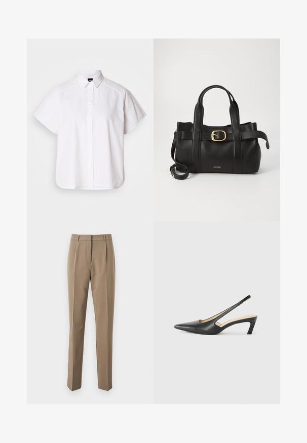 Cămașă albă cu mânecă scurtă, cu nasturi, guler ascuțit și margine curbă. Fabricată din bumbac, cu o textură netedă și fără modele vizibile.; Pantaloni tailored maro dintr-un material neted, cu un design drept, pliseuri frontale și o talie cu bucle pentru curea.; Pantof cu toc mic, cu vârf ascuțit și slingback, realizat din piele netedă, având un design decupat pe lateral pentru respirabilitate.; Geantă de mână din piele neagră, cu un design structurat, mânere superioare duale, accent cu cataramă aurie și logo-ul brandului embosat în față.