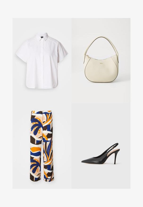 Camicia bianca a maniche corte con colletto a punta e orlo curvo. Realizzata in cotone con una texture liscia e senza motivi visibili.; Pantaloni a gamba larga con un motivo multicolore che presenta tonalità di blu, arancione e marrone. Realizzati in tessuto leggero con disegni floreali astratti.; Scarpa con tacco alto a punta in pelle nera, con una texture liscia e un delicato cinturino con una fibbia metallica.; Borsa color crema con una finitura testurizzata, forma curva, manico corto e dettaglio del logo in tonalità oro. Chiusura con zip nella parte superiore.
