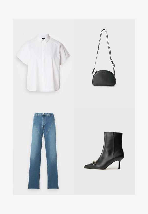 White short-sleeve button-up shirt with a pointed collar and curved hem. Made from cotton with a smooth texture and no visible patterns.; Light blue straight-leg jeans with a high waist, featuring contrasting curved seams and five pockets. Made of denim fabric.; Black leather ankle boot with pointed toe, slim mid-height heel, and silver buckle detail on side against plain background.; Black leather crossbody bag with a rounded shape, two adjustable straps, and a subtle logo on the front. Textured exterior, minimalistic design.