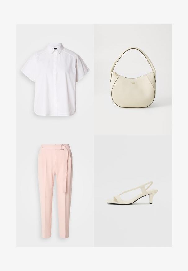 Balta īsajām piedurknēm krekls ar pogām un norādītu apkakli, kā arī viļņotu apakšmalu. Izgatavots no kokvilnas ar gludu tekstūru un bez redzamām rakstām.; Gaiši rozā bikses ar brīvu piegriezumu, kas aprīkotas ar jostu ar sudraba sprādzi, līdzeno priekšu un izspiestu galiem, lai pievienotu papildu detaļas.; Beige bloku papēžu sandales ar plānām siksnām un kvadrāta formas purngalu. Gluda materiāla virsma ar minimālām detaļām, paredzētas ērtai nēsāšanai.; Krēmkrāsas rokassoma ar teksturētu virsmu, izliekta forma, īss rokturis un zelta tonī logo detaļa. Vāciņš ar rāvējslēdzēju augšpusē.