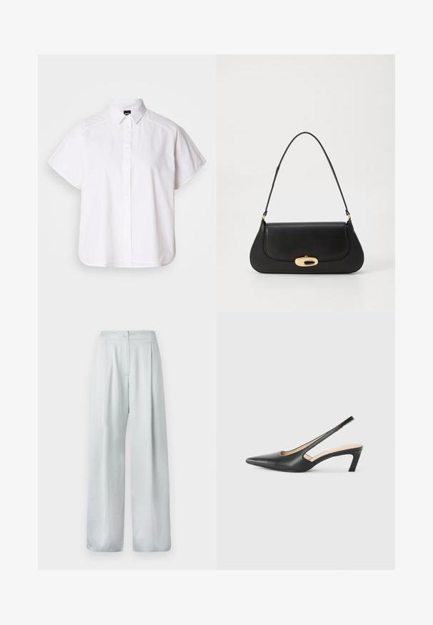 Witte kortemouw overhemd met knopen, voorzien van een puntige kraag en een gebogen zoom. Gemaakt van katoen met een gladde textuur en zonder zichtbare patronen.; Lichtgrijze wijde broek met een gladde textuur, voorzien van een sluiting met knoop aan de voorkant en een geplooid ontwerp voor extra detail.; Zwarte puntige slingback schoen met een lage hak, gemaakt van soepel leer en voorzien van een uitsnede aan de zijkant voor ventilatie.; Zwarte leren handtas met een gebogen ontwerp, goudkleurige accenten en een bovenhandvat. Heeft een strakke sluiting en een gladde textuur.
