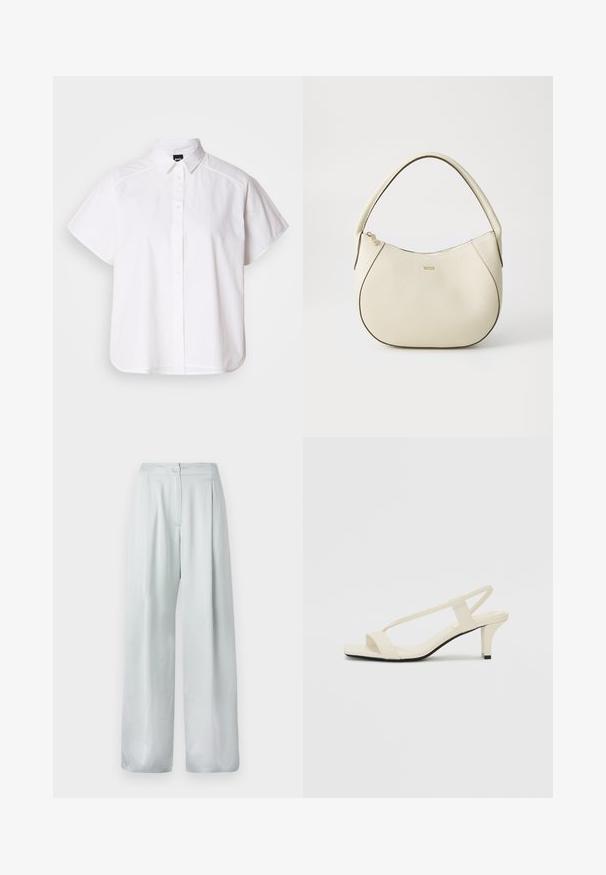 Balta trumpomis rankovėmis marškinėlių su atlenkiamu apykakle ir kreiva apačia. Pagaminta iš medvilnės, su sklandžiu paviršiumi ir be matomų raštų.; Šviesiai pilki platūs kelnės su lygiu paviršiumi, turi priekinį mygtuko užsegimą ir klostuotą dizainą, kad būtų pridėta detalių.; Kreminės blokų kulno šlepetės su plonomis dirželiais ir kvadratiniu pirštu. Lygus medžiaga su minimaliais akcentais, sukurtos lengvam dėvėjimui.; Grietos spalvos rankinė su tekstūruotu paviršiumi, kreivos formos, trumpa rankena ir auksinės spalvos logotipo detalė. Užtrauktuko uždarymas viršuje.