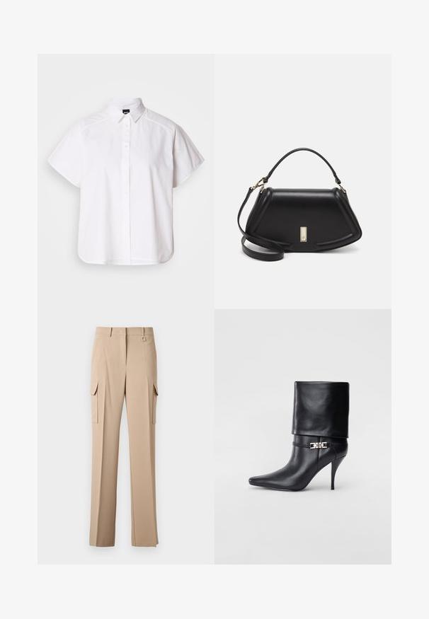 Weißes kurzärmliges Hemd mit Knopfleiste, spitzem Kragen und abgerundetem Saum. Hergestellt aus Baumwolle mit glatter Textur und ohne sichtbare Muster.; Beige Cargo-Hosen mit zwei Seitentaschen, flachem Vorderteil und einem quadratischen Metallakzent am Bund. Hergestellt aus einem glatten, leichten Stoff.; Schwarze Leder-Ankle-Boots mit spitzer Zehenpartie, hohen Stiletto-Absätzen, umgeschlagenem Schaft und einem goldenen dekorativen Schnallen-Detail an der Knöchel.; Schwarze Lederhandtasche mit einem strukturierten Design, das eine verkürzte Form, einen oberen Griff und goldfarbene Hardware-Details aufweist. Verstellbarer Schulterriemen ist enthalten.