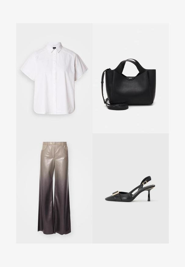 White short-sleeve button-up shirt with a pointed collar and curved hem. Made from cotton with a smooth texture and no visible patterns.; Wide-leg pants in a gradient of metallic beige to dark gray, featuring a smooth, shiny texture with standard pockets and a waistband.; Black leather slingback shoe with pointed toe, slender heel, and gold-tone hardware accent on the vamp. Smooth texture and structured design.; Black leather handbag with textured finish, angular shape, dual handles, and an adjustable shoulder strap. Features a DKNY logo accent.