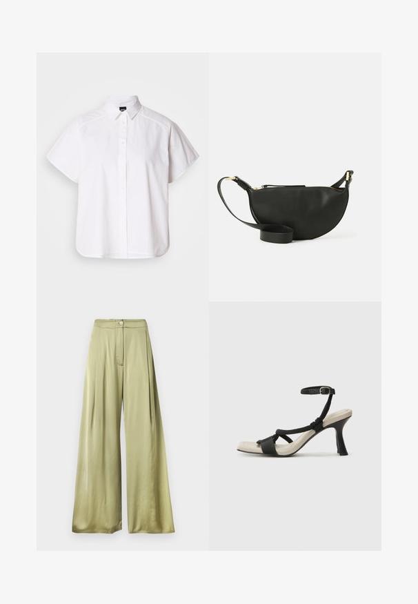 Valge lühikeste varrukatega nööpidega särk, millel on terav krae ja kõver hems. Valmistatud puuvillast, millel on sile tekstuur ja nähtamatud mustrid.; Hallide jalad tõmblevad helesinises satiinis, millel on nööp sulgemine, ees voldid ja sile tekstuur. Kujundatud kõrge vöökohtaga.; Mustad musta kontsaga sandaal, millel on punutud rihma disain, ruudukujuline varvas ja reguleeritav pahkluu rihm. Heleda beeži värvi jalapadi ja läikiv must konts.; Mustmust kott poolkuu kuju, tekstuurse pinnaga, kuldne tõmblukk ja lame rihm. Kompaktne disain, mis sobib igapäevaste essementide jaoks.