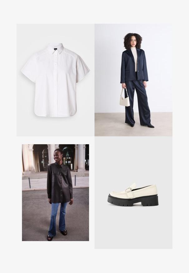 Chemise blanche à manches courtes, à boutons, avec un col pointu et un ourlet arrondi. Fabriquée en coton, elle possède une texture lisse et sans motifs visibles.; Chemise en cuir noir avec fermeture à boutons, design col et poche avant, associée à un jean en denim bleu évasé et des sandales noires.; Loafer en cuir blanc avec une semelle plateforme noire épaisse, présentant une boucle rectangulaire en argent et des détails de couture visibles sur la tige.; Costume navy avec un blazer ajusté et un pantalon large, associé à un col roulé de couleur claire. Tient un sac à main crème avec des détails de bandoulière.