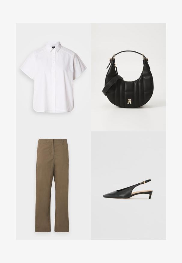 Fehér, rövid ujjú, gombos ing, hegyes gallérral és ívelt alsó résszel. Pamutból készült, sima textúrával és látható minták nélkül.; Barna egyenes szárú nadrág pamut-keverék anyagból. Övlyukakkal, elülső zsebbels és sima, mintázat nélküli textúrával rendelkezik.; Fekete bőr slingback sarkú cipő, hegyes orral, alacsony sarokkal és állítható bokapánttal, aranyszínű csattal. Simább textúra.; Fekete bőrtáska ívelt formával, steppelt textúrával és arany hardware-rel. Levehető vállpánttal és logó részlettel rendelkezik.