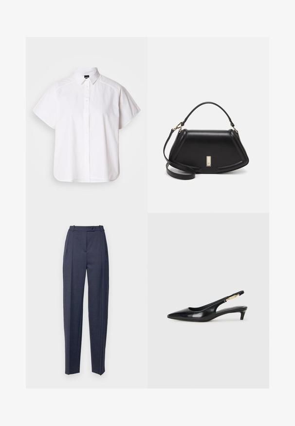 White short-sleeve button-up shirt with a pointed collar and curved hem. Made from cotton with a smooth texture and no visible patterns.; Dark navy tailored trousers with a straight leg design, featuring a high waistband, pleats, and a single button closure. Smooth fabric texture.; Black leather slingback heels with a pointed toe, featuring a slim heel and a gold-tone accent on the adjustable strap. Smooth texture.; Black leather handbag with a structured design, featuring a cropped shape, top handle, and gold hardware accent. Adjustable shoulder strap included.