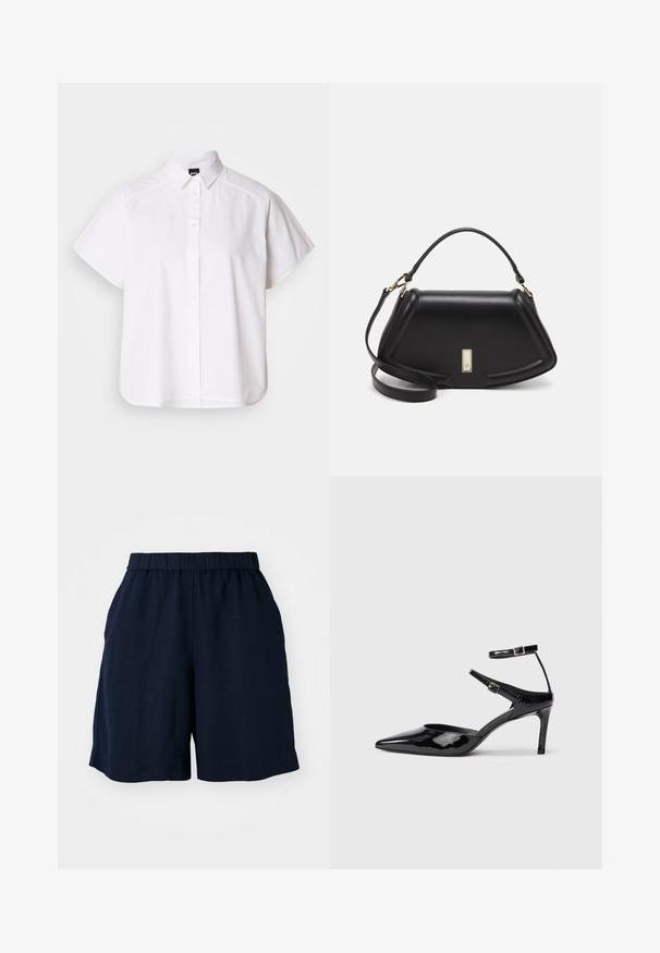 Hvit kortermet skjorte med knapper, spiss krage og buet skjortekant. Laget av bomull med en glatt tekstur og uten synlige mønstre.; Mørkeblå shorts med elastisk midje, laget av et lett stoff. Har en avslappet passform og sidelommer for funksjonalitet.; Sorte lakkede hæle med spids tå, justerbare ankelstropper og en slank hæl. Glat tekstur med en skinnende overflade.; Sort lærveske med en strukturert design, som har en avkortet form, topphåndtak og detaljer i gull. Justerbar skulderstropp inkludert.