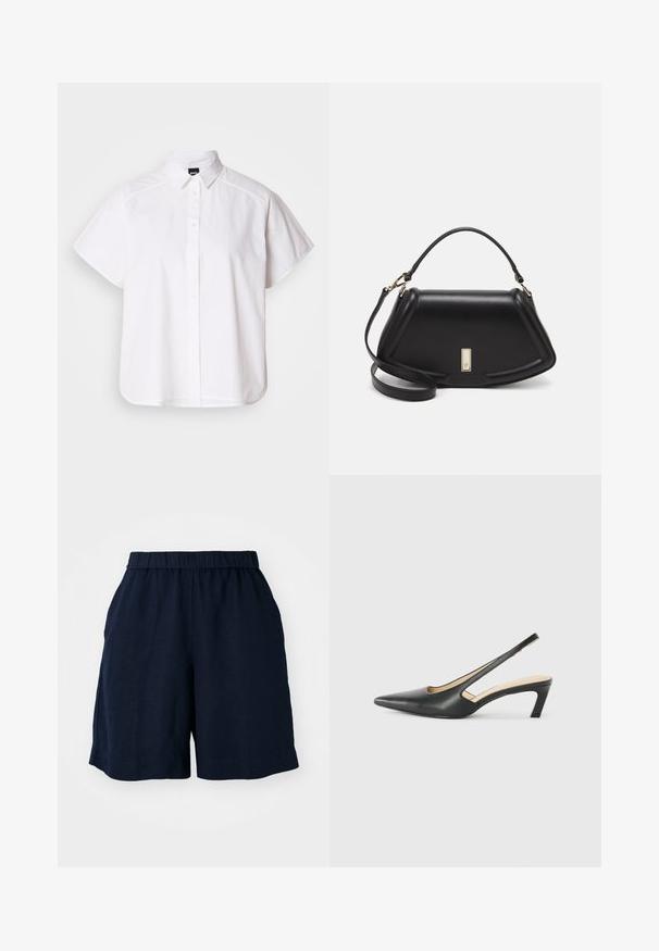 Valkoinen lyhythihainen nappikauluspaita, jossa on terävä kaulus ja kaareva helma. Valmistettu puuvillasta, jossa on sileä pinta ja ei havaittavissa olevia kuvioita.; Tummansiniset shortsit, joissa on joustava vyötärö, valmistettu kevyestä kankaasta. Ominaisuuksiin kuuluu rento malli ja sivutaskut käytännöllisyyden vuoksi.; Musta, kärjeltään terävä slingback-kengä, jossa on matala korko. Kengässä on sileä nahkamateriaali ja sivuilla leikkaukset hengittävyyttä varten.; Mustalla nahkalaukulla, jossa on jämäkkä muotoilu, lyhyt malli, yläkahva ja kultaiset yksityiskohdat. Säädettävä olkahihna sisältyy.