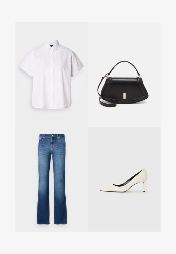 White short-sleeve button-up shirt with a pointed collar and curved hem. Made from cotton with a smooth texture and no visible patterns.; Blue denim flared jeans with a classic five-pocket design, featuring faded wash, gold stitching, and a button closure at the waist.; White patent leather high-heeled pump with a pointed toe, slim heel, and black interior detailing. Smooth texture and sleek design.; Black leather handbag with a structured design, featuring a cropped shape, top handle, and gold hardware accent. Adjustable shoulder strap included.