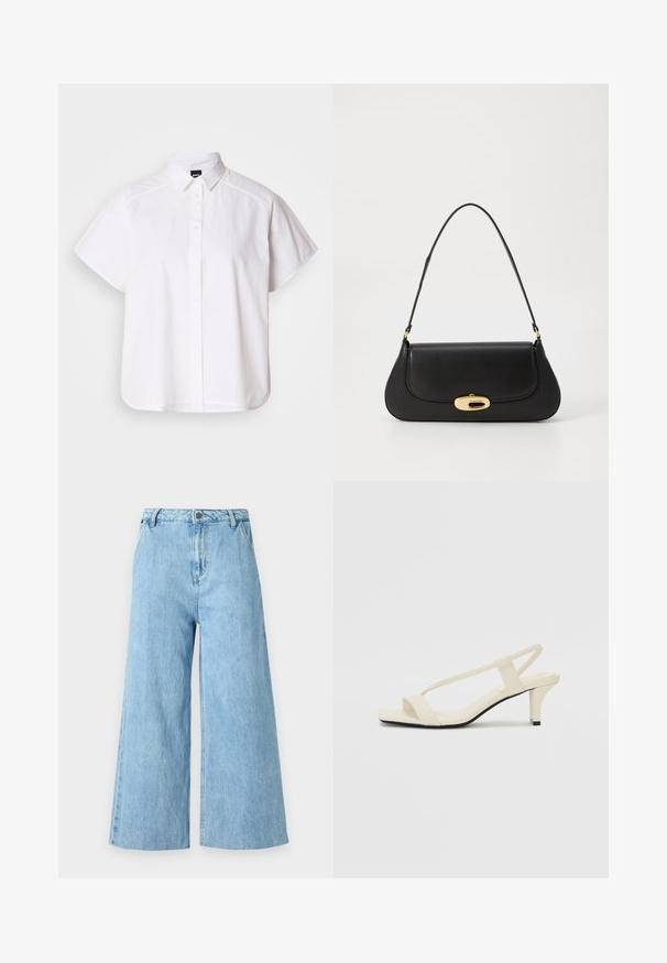 Camisa blanca de manga corta con botones, cuello con puntas y dobladillo curvado. Fabricada en algodón con una textura suave y sin patrones visibles.; Jeans de pierna ancha color azul claro, hechos de denim, con una cintura alta, bolsillos frontales y bordes limpios sin adornos.; Sandalias de tacón cuadrado en color beige con tiras delgadas y punta cuadrada. Material suave con un diseño minimalista, diseñado para facilitar su uso.; Bolso de mano de cuero negro con un diseño curvado, herrajes en tono dorado y un mango superior. Presenta un cierre elegante y una textura suave.
