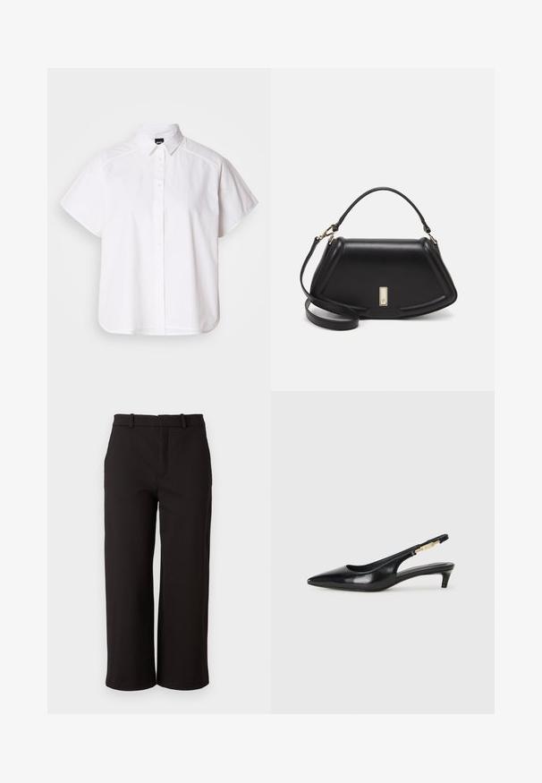 Chemise blanche à manches courtes, à boutons, avec un col pointu et un ourlet arrondi. Fabriquée en coton, elle possède une texture lisse et sans motifs visibles.; Pantalons noirs à jambes larges en tissu lisse, dotés d'une taille mi-haute et d'un pli avant, conçus pour un ajustement décontracté.; Talons hauts en cuir noir avec un bout pointu, dotés d'un talon fin et d'un accent en ton or sur la lanière réglable. Texture lisse.; Sac à main en cuir noir avec un design structuré, featuring une forme cropped, une poignée supérieure et des accents en matériel doré. Bandoulière réglable incluse.