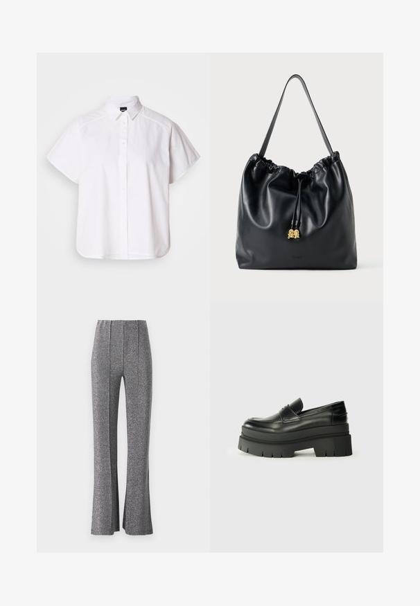 White short-sleeve button-up shirt with a pointed collar and curved hem. Made from cotton with a smooth texture and no visible patterns.; Flared trousers in a textured, metallic grey fabric. Features a high waist and front pleats, providing a tailored silhouette.; Black leather loafers with a chunky platform sole. Rounded toe, front seam detail, and subtle stitching accents. Flat, textured outsole.; Black leather drawstring bag with a smooth texture, gathered top, and subtle gold hardware. Features a single sturdy strap and embossed logo.