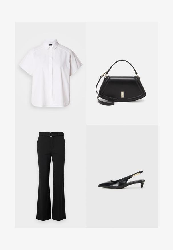 Hvit kortermet skjorte med knapper, spiss krage og buet skjortekant. Laget av bomull med en glatt tekstur og uten synlige mønstre.; Sorte utsvingte bukser med en glatt tekstur, med en tettsittende midje og et belte med en sølvspenne. Rent design uten synlige mønstre.; Sorte lærreim hæler med spiss tå, som har en slank hæl og en gullfarget detalj på den justerbare stroppen. Glatt tekstur.; Sort lærveske med en strukturert design, som har en avkortet form, topphåndtak og detaljer i gull. Justerbar skulderstropp inkludert.