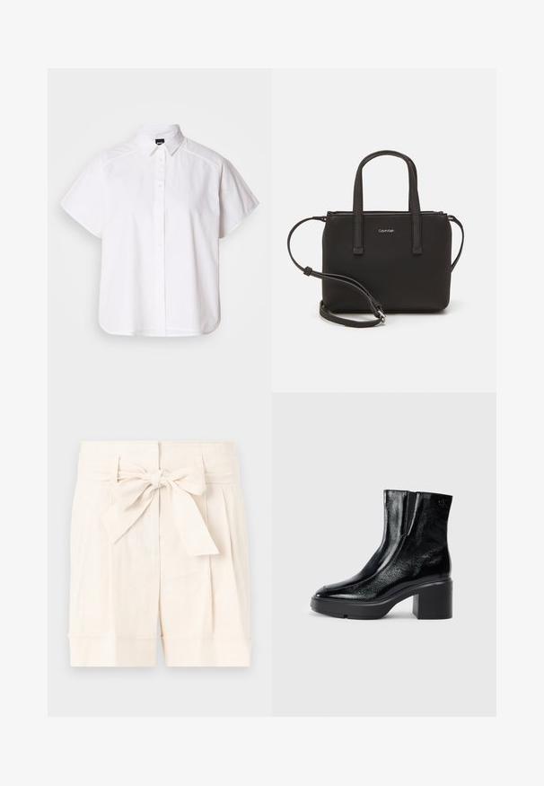 White short-sleeve button-up shirt with a pointed collar and curved hem. Made from cotton with a smooth texture and no visible patterns.; Beige high-waisted shorts with a tied belt, pleated design, and turned-up cuffs in lightweight fabric.; Black patent leather ankle boots with a curved toe, elastic side panels, and a chunky block heel. Features embossed logo on the back.; Black handbag with dual short handles and a removable shoulder strap. Smooth leather-like material with a zip closure and logo detail.