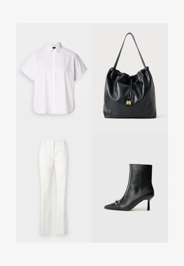 Hvit kortermet skjorte med knapper, spiss krage og buet skjortekant. Laget av bomull med en glatt tekstur og uten synlige mønstre.; Hvit skreddersydde bukser med utsvingt bunn, med frontfeller og en jevn tekstur, laget av et lett materiale.; Sorte lær ankle boot med spiss tå, slank mid-høyde hæl og sølvspenne på siden mot en enkel bakgrunn.; Svart lær trekksekk med en glatt tekstur, samlet topp og subtilt gullbeslag. Har en enkelt solid stropp og preget logo.