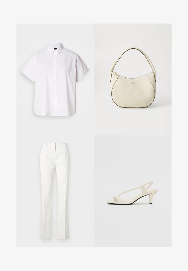 Biela krátka košeľa s krátkym rukávom a výstrihom do špica, s oblým lemom. Vyrobená z bavlny s hladkou textúrou a bez viditeľných vzorov.; Biele nohavice na mieru s rozšíreným spodkom, s prednými záhybmi a hladkým povrchom, vyrobené z ľahkého materiálu.; Béžové sandále na blokovom podpätku s tenkými pásikmi a štvorcovou špičkou. Hladký materiál s minimálnym detailovaním, navrhnuté pre ľahké nosenie.; Krémová kabelka s textúrovaným povrchom, zakriveným tvarom, krátkym uchom a detailom loga v zlatom tóne. Zapínanie na zips na vrchu.