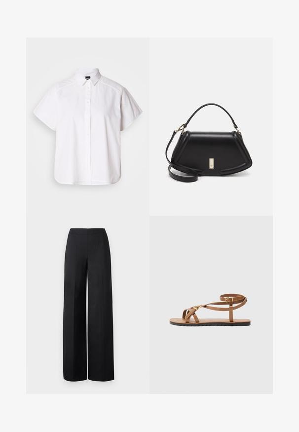 Weißes kurzärmliges Hemd mit Knopfleiste, spitzem Kragen und abgerundetem Saum. Hergestellt aus Baumwolle mit glatter Textur und ohne sichtbare Muster.; Schwarze weit geschnittene Hosen aus glattem Stoff. Sie verfügen über einen hohen Bund und klare, gerade Linien ohne sichtbare Taschen oder Verzierungen.; Braune Ledersandale mit dünnem Riemendesign, ausgestattet mit einer goldfarbenen Schnalle und einer flachen schwarzen Sohle mit Zickzackkante.; Schwarze Lederhandtasche mit einem strukturierten Design, das eine verkürzte Form, einen oberen Griff und goldfarbene Hardware-Details aufweist. Verstellbarer Schulterriemen ist enthalten.
