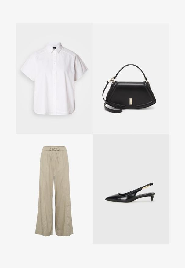 Chemise blanche à manches courtes, à boutons, avec un col pointu et un ourlet arrondi. Fabriquée en coton, elle possède une texture lisse et sans motifs visibles.; Pantalons beige à jambes larges en tissu léger, dotés d'une taille élastique avec cordon de serrage et de poches latérales. Texture lisse, design minimaliste.; Talons hauts en cuir noir avec un bout pointu, dotés d'un talon fin et d'un accent en ton or sur la lanière réglable. Texture lisse.; Sac à main en cuir noir avec un design structuré, featuring une forme cropped, une poignée supérieure et des accents en matériel doré. Bandoulière réglable incluse.