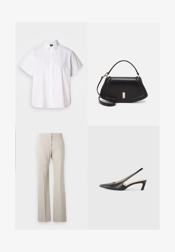 White short-sleeve button-up shirt with a pointed collar and curved hem. Made from cotton with a smooth texture and no visible patterns.; Beige flared trousers with a textured fabric, featuring a flat front, wide legs, and no visible hardware.; Black pointy-toed slingback shoe with a low heel, featuring smooth leather material and cut-out design on the side for breathability.; Black leather handbag with a structured design, featuring a cropped shape, top handle, and gold hardware accent. Adjustable shoulder strap included.