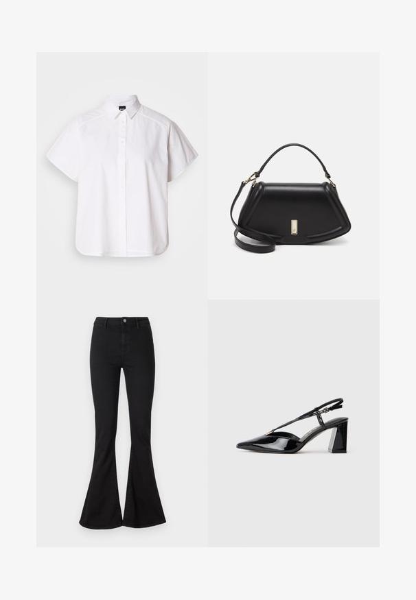 Valkoinen lyhythihainen nappikauluspaita, jossa on terävä kaulus ja kaareva helma. Valmistettu puuvillasta, jossa on sileä pinta ja ei havaittavissa olevia kuvioita.; Mustat leveälahkeiset farkut, jotka on valmistettu denimistä, kiinteällä vyötäröllä, vetoketjulla ja nappisulkimella, sekä korostuneella levennyksellä nilkassa.; Musta patenttiliimainen slingback-korkokenkä, jossa on terävä kärki, säädettävä hihna ja paksu suorakulmainen korko.; Mustalla nahkalaukulla, jossa on jämäkkä muotoilu, lyhyt malli, yläkahva ja kultaiset yksityiskohdat. Säädettävä olkahihna sisältyy.