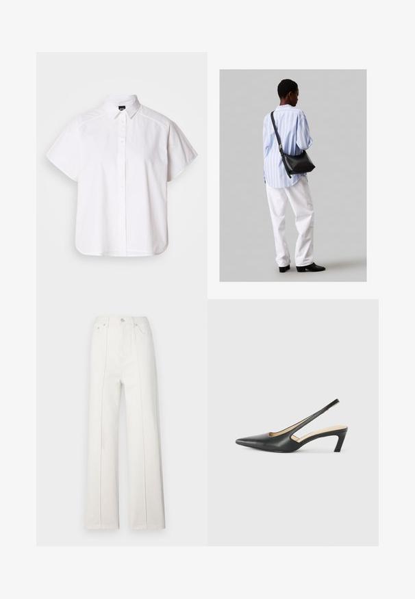 Fehér, rövid ujjú, gombos ing, hegyes gallérral és ívelt alsó résszel. Pamutból készült, sima textúrával és látható minták nélkül.; Fehér farmer széles szárú nadrág magas derékkal, függőleges varrásokkal és elülső gombos záródással. Simas textura és letisztult dizájn jellemzi.; Fekete, hegyes orrú, slingback cipő alacsony sarkával, sima bőrből készült, oldalt kivágott deisgnal a légáteresztőképesség érdekében.; Fekete bőr válltáska puha tapintással, háromszög alakú, állítható pánttal, világoskék csíkos inggel és fehér nadrággal párosítva.