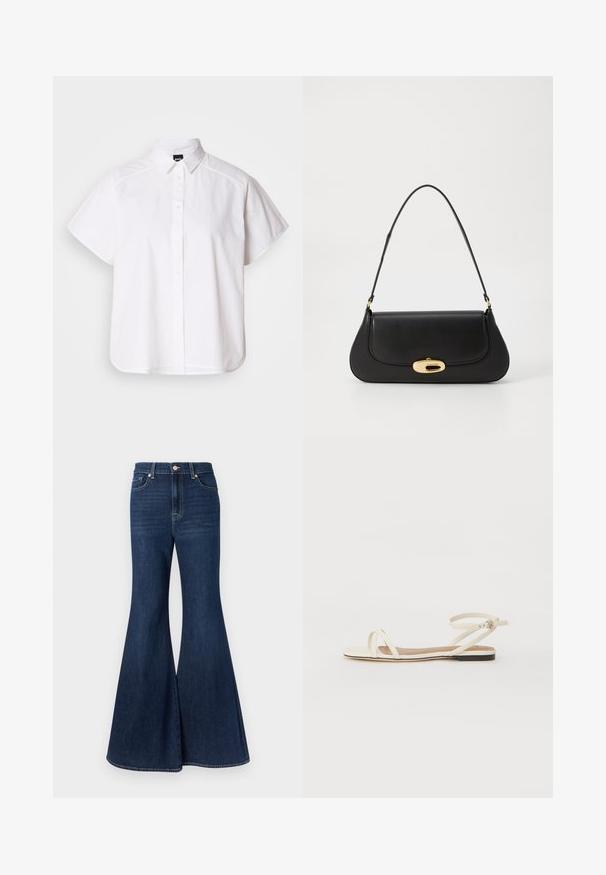 Hvit kortermet skjorte med knapper, spiss krage og buet skjortekant. Laget av bomull med en glatt tekstur og uten synlige mønstre.; Mørkeblå denim utsvingte jeans med høy midje, med knappeåpning foran og kontrasterende sømmer langs sømmene.; Flate sandaler i kremfarget skinn med tynne kryssremmer, ankelsremsbånd med spenne, minimalistisk design og en kontrasterende svart såle.; Svart lærveske med en buet design, gullfarget hardware og et håndtak på toppen. Har en elegant lukking og glatt tekstur.
