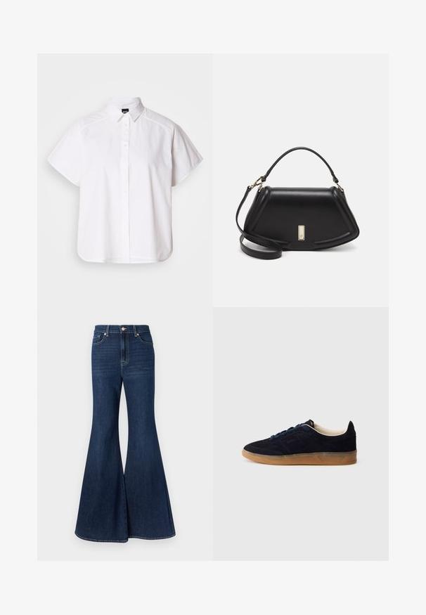 Witte kortemouw overhemd met knopen, voorzien van een puntige kraag en een gebogen zoom. Gemaakt van katoen met een gladde textuur en zonder zichtbare patronen.; Donkerblauwe denim flared jeans met een hoge taille, voorzien van een knoopsluiting aan de voorkant en contrasterende stiksels langs de naden.; Marineblauwe suède sneaker met een buitenzool van gumrubber, blauwe veters en een minimalistisch design. Heeft een geperst logo aan de zijkant en een gladde binnenvoering.; Zwarte leren handtas met een gestructureerd ontwerp, featuring een verkorte vorm, bovenhandvat en gouden hardwareaccent. Inclusief verstelbare schouderband.