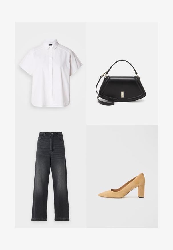 White short-sleeve button-up shirt with a pointed collar and curved hem. Made from cotton with a smooth texture and no visible patterns.; Black denim wide-leg jeans with a high waist, featuring a button closure, five pockets, and subtle fading along the legs.; Beige suede high-heeled pump with a pointed toe and a chunky block heel. The material has a soft texture with a smooth finish.; Black leather handbag with a structured design, featuring a cropped shape, top handle, and gold hardware accent. Adjustable shoulder strap included.
