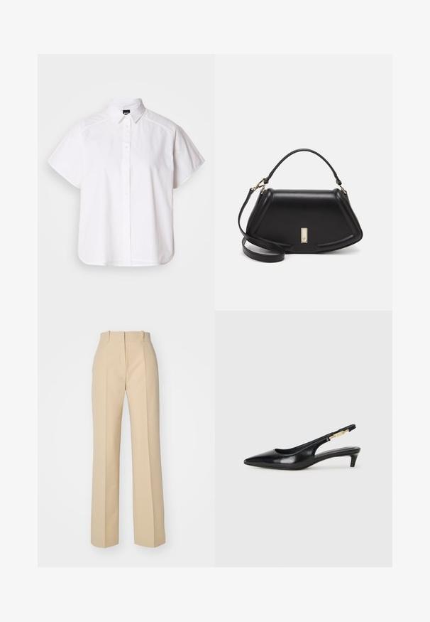 Fehér, rövid ujjú, gombos ing, hegyes gallérral és ívelt alsó résszel. Pamutból készült, sima textúrával és látható minták nélkül.; HUGO HULANA - Nadrágok - open beige; Fekete bőr slingback magassarkúk, hegyes orral, vékony sarkakkal és arany színű részlettel a állítható pánton. Simа felület.; Fekete bőr kézitáska, strukturált dizájnnal, rövidített formával, felső fogantyúval és arany színű kiegészítőkkel. Állítható vállpánt is tartozik hozzá.