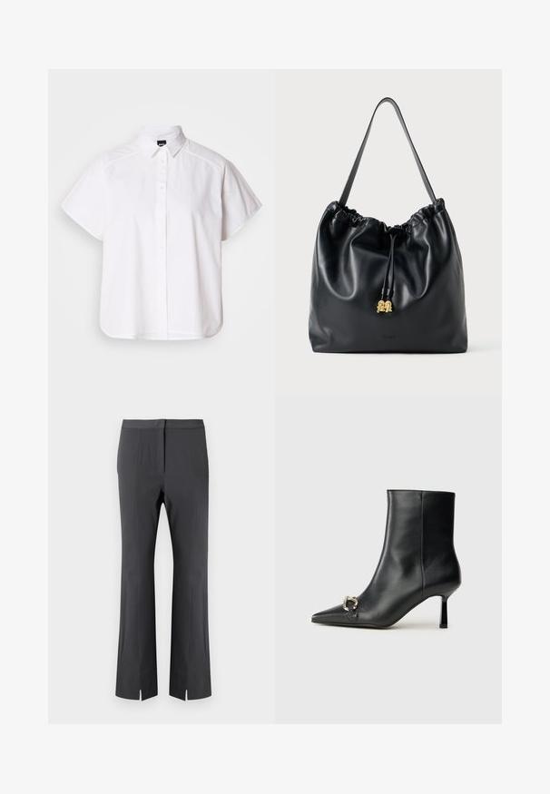 Valkoinen lyhythihainen nappikauluspaita, jossa on terävä kaulus ja kaareva helma. Valmistettu puuvillasta, jossa on sileä pinta ja ei havaittavissa olevia kuvioita.; Mustat suorat housut, joissa on kapea istuvuus, valmistettu sileästä materiaalista. Housuissa on etutaitokset ja sivuhalkiot lahkeensuissa lisäämässä muotoilua.; Musta nahkasaapas nilkkapituisilla, terävillä kärjillä, hoikalla keskipituisella korolla ja hopeavöillä sivussa yksinkertaista taustaa vasten.; Musta nahkainen nyörilaukku, jossa on sileä pinta, kerätty yläosa ja hillitty kultainen pieni kaluste. Varustettu yhdellä tukevalla hihnalla ja kohokuvioidulla logolla.