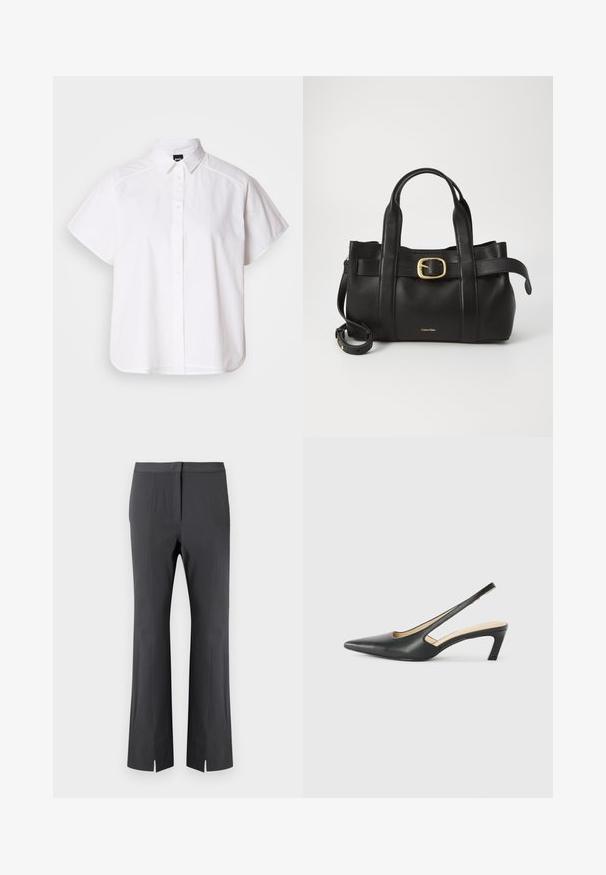 Balta trumpomis rankovėmis marškinėlių su atlenkiamu apykakle ir kreiva apačia. Pagaminta iš medvilnės, su sklandžiu paviršiumi ir be matomų raštų.; Juodos siaurėjančio silueto kelnės iš lygios medžiagos, su priekiniu lanku ir šoninėmis įpjovomis apačioje, suteikiančiomis papildomo dizaino.; Juodas smailus slingback batelis su žemu kulnu, pagamintas iš lygaus odos paviršiaus ir su išpjovomis šone, užtikrinančiomis oro pralaidumą.; Juodas odinis rankinės maišas su struktūrizuotu dizainu, dviem viršutinėmis rankenomis, auksinės spalvos sagtimi ir iškilniu prekės ženklu priekyje.