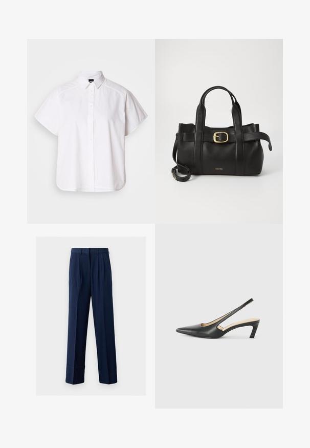 Biela krátka košeľa s krátkym rukávom a výstrihom do špica, s oblým lemom. Vyrobená z bavlny s hladkou textúrou a bez viditeľných vzorov.; Námornícko modré nohavice s pätkami, rovný strih, vyrobené z ľahkého materiálu. Obsahujú pás so slučkami na opasok.; Čierne slingback topánky s ostrou špičkou a nízkym opätkom, vyrobené z hladkej kože a s výrezmi na boku pre lepšiu priedušnosť.; Čierna kožená kabelka s štruktúrovaným dizajnom, dvojitými hornými uchopiteľmi, zlatým prackovým akcentom a embosovaným logom značky na prednej strane.