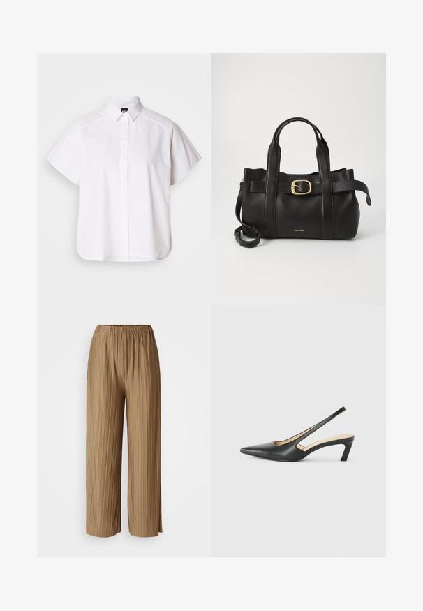 Biela krátka košeľa s krátkym rukávom a výstrihom do špica, s oblým lemom. Vyrobená z bavlny s hladkou textúrou a bez viditeľných vzorov.; Hnedé plisované nohavice s širokými nohavicami a elastickým pásom. Vyrobené z ľahkej tkaniny, s vertikálnymi pruhmi pre textúru a priebeh.; Čierne slingback topánky s ostrou špičkou a nízkym opätkom, vyrobené z hladkej kože a s výrezmi na boku pre lepšiu priedušnosť.; Čierna kožená kabelka s štruktúrovaným dizajnom, dvojitými hornými uchopiteľmi, zlatým prackovým akcentom a embosovaným logom značky na prednej strane.