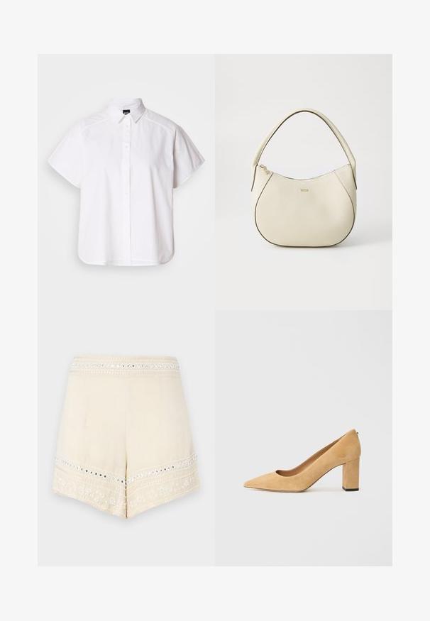 Bílá košile s krátkým rukávem a zapínáním na knoflíky, s špicatým límečkem a zakřiveným spodním lemem. Vyrobena z bavlny, má hladkou texturu a žádné viditelné vzory.; Krémové šortky s vyšívaným páskem a dekorativními akcenty, s vlnitým lemem a složitými květinovými vzory.; Beige semišové lodičky na vysokém podpatku s špičatou špičkou a silným blokovým podpatkem. Materiál má jemnou texturu a hladký povrch.; Kabelka krémové barvy s texturovaným povrchem, zakřiveným tvarem, krátkým uchopením a zlatým logem. Zapínání na zip na vrchu.
