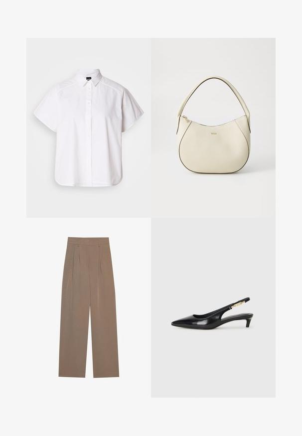 Chemise blanche à manches courtes, à boutons, avec un col pointu et un ourlet arrondi. Fabriquée en coton, elle possède une texture lisse et sans motifs visibles.; Pantalons plissés marron avec une coupe large, dotés d'une taille plate et de poches latérales, fabriqués à partir d'un tissu léger.; Talons hauts en cuir noir avec un bout pointu, dotés d'un talon fin et d'un accent en ton or sur la lanière réglable. Texture lisse.; Sac à main couleur crème avec une finition texturée, forme courbée, anses courtes et détail de logo doré. Fermeture éclair sur le dessus.