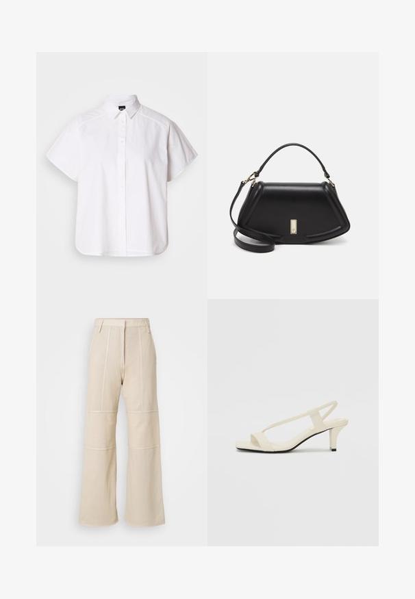 Camisa blanca de manga corta con botones, cuello con puntas y dobladillo curvado. Fabricada en algodón con una textura suave y sin patrones visibles.; Pantalones de pierna ancha en beige con un diseño texturizado y similar a una malla. Incluyen paneles cosidos y una cintura alta con lazos para cinturón.; Sandalias de tacón cuadrado en color beige con tiras delgadas y punta cuadrada. Material suave con un diseño minimalista, diseñado para facilitar su uso.; Bolso de mano de cuero negro con un diseño estructurado, que presenta una forma recortada, asa superior y acentos en dorado. Correa de hombro ajustable incluida.